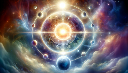 Law of attraction An ethereal depiction of a bright sun surrounded by planets, representing the balance of energy in t1