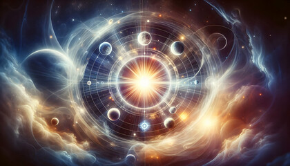 Fototapeta premium Law of attraction An ethereal depiction of a bright sun surrounded by planets, representing the balance of energy in t2