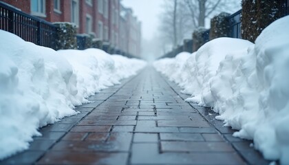 Snowdrifts along pedestrian walkway after heavy snowfall. Row of townhouses in background. Winter cityscape scene of snow piled high on pathway after blizzard, snow covered path.