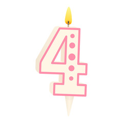 Cake candle in the form of number 4 with a lit fili. Anniversary celebration. Birthday party. Festive decorations. Vector illustration isolated on white background.