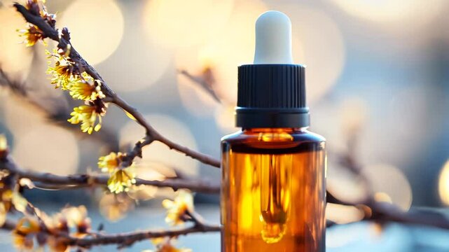 A brown glass dropper bottle filled with herbal essential oil, placed beside delicate witch hazel blossoms. The warm golden bokeh in the background enhances the natural and soothing aesthetic