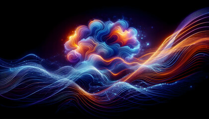 Law of attraction Abstract, glowing waves in a spectrum of blue, orange, and purple, flowing and intertwining against 1