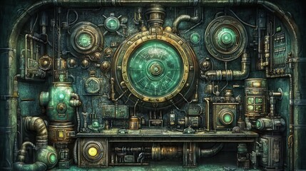 A detailed steampunk interior showcases complex machinery and technology