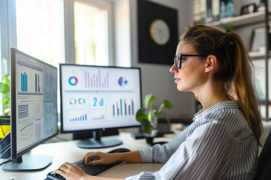 Data analyst woman working on a business analytics dashboard. - Powered by Adobe