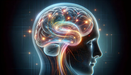 Law of attraction A transparent human brain with highlighted areas of neural activity, suggesting how focused intentio3