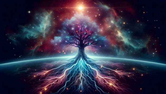 Law of attraction A towering cosmic tree with glowing roots extending into the universe, representing deep connection 4