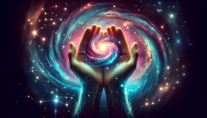Law of attraction A pair of glowing hands cupped together, receiving cosmic light from a swirling galaxy, surrounded b2