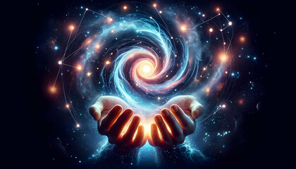 Law of attraction A pair of glowing hands cupped together, receiving cosmic light from a swirling galaxy, surrounded b4