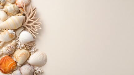Obraz premium A collection of various seashells and coral arranged on a light background for decorative use
