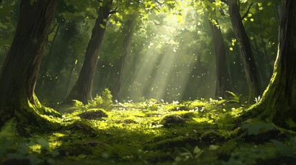 Obraz premium Beautiful forest with moss-covered soil and sunbeams through the trees