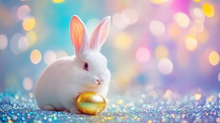 Cute white rabbit sitting beside a golden egg on a colorful sparkling background during Easter celebration
