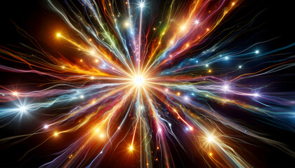 Law of attraction A radiant burst of light at the center, emitting multicolored streams of energy that represent the p1