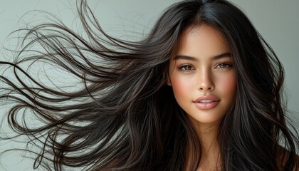 Fototapeta premium Haircare and scalp care concept. A woman with flowing dark hair poses gracefully against a soft background.