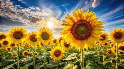 Golden Sunflowers Basking in the Warm Glow of a Sunset Over a Lush Field
