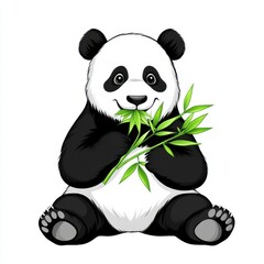 Obraz premium A cute cartoon panda happily munching on bamboo, sitting in a playful pose against a simple white background.