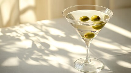 The vodka martini, adorned with plump green olives, glistens in a stylish glass. Soft sunlight pours through curtains, casting delicate shadows on the table, creating a cozy atmosphere