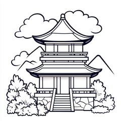 A serene illustration of a traditional Asian pagoda surrounded by lush greenery and mountains, evoking tranquility and cultural beauty.