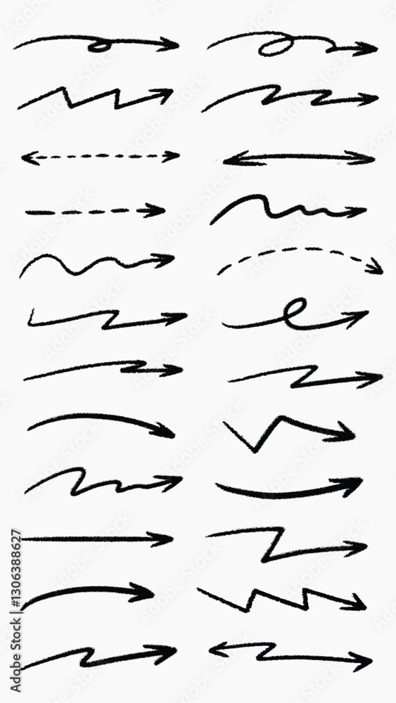 Poster set of simple lines hand drawn black arrows in various style. set of simple of hand drawn black arro