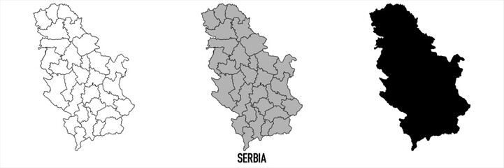 Serbia - set of black, solid black, grey outline border map of country area. Simple flat vector illustration.