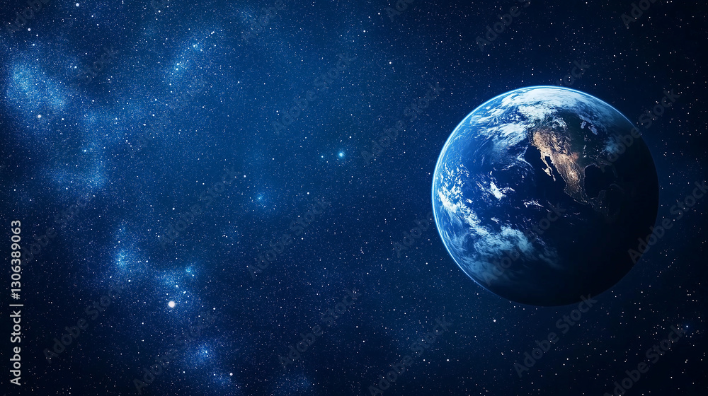 Wall mural earth globe floating in a dark, starry space with a soft ambient glow, minimalistic and abstract des