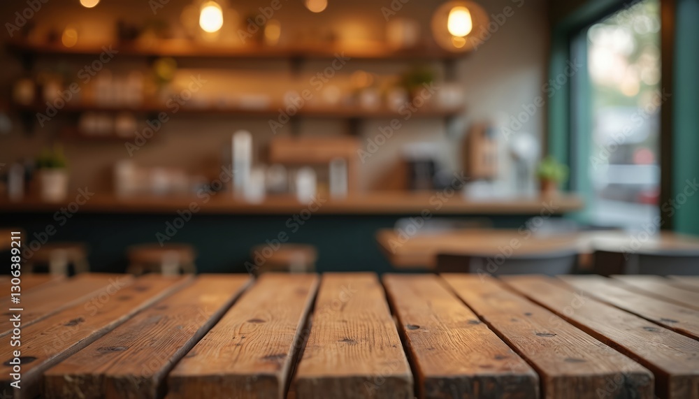 Aufkleber Wood table top for product display or montage. Blurred cafe background with bokeh effect. Modern interior design with light and abstract elements. Empty space in restaurant, bar or coffee shop.