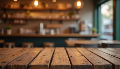Wood table top for product display or montage. Blurred cafe background with bokeh effect. Modern interior design with light and abstract elements. Empty space in restaurant, bar or coffee shop.