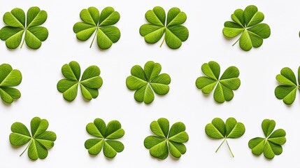 A pattern of vibrant green four-leaf clovers arranged neatly on a white background, symbolizing luck and good fortune.