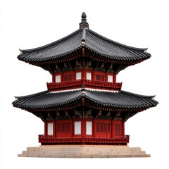 Fototapeta premium A traditional East Asian pagoda structure with a distinct layered roof, featuring red and wooden elements, showcasing cultural architecture and design.