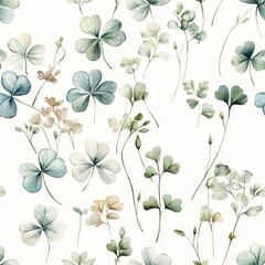 A delicate pattern of green leaves and clovers, softly illustrated on a light background, evoking a serene, natural ambiance.