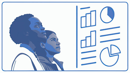 Diverse group of people with thoughtful expressions, surrounded by questionnaires and charts, symbolizing consumer survey insights and market research analysis.
