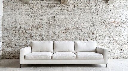 Modern Minimalist Couch Against Textured White Brick Wall
