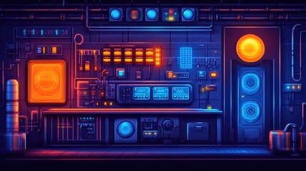 A futuristic technological control panel with glowing blue and orange lights