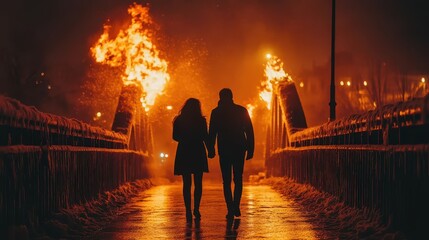 Fototapeta premium Silhouette of couple walking on fiery bridge at night