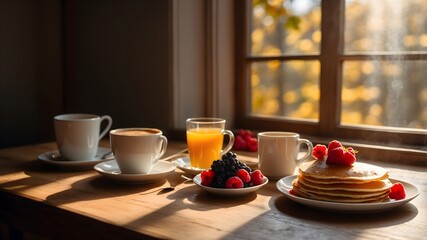 A cozy morning breakfast scene with pancakes, maple syrup, fresh berries, and a cup of coffee, set on a wooden table with soft sunlight streaming through the window.