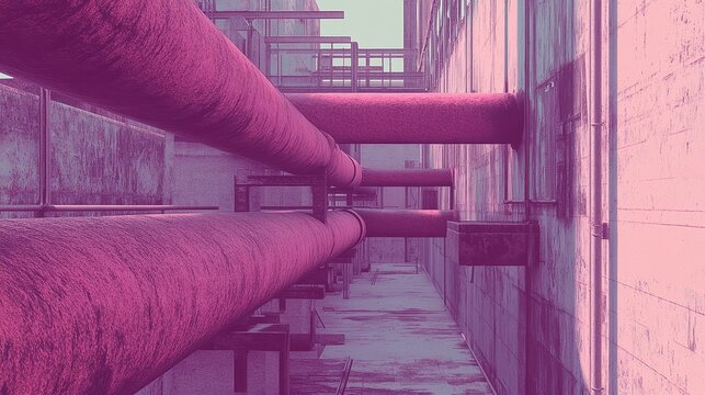 Several large industrial pipes are installed across a concrete wall structure