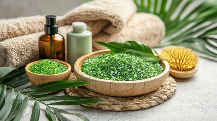 Spa treatment, green bath salts, towels, tropical leaves, relaxation