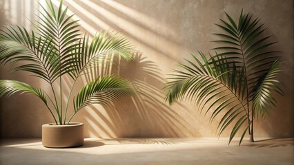 Fototapeta premium Serene indoor scene featuring potted tropical plants bathed in sunlight against a neutral backdrop