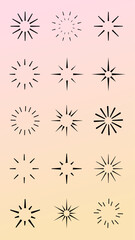 Star sparkle doodle set vector. Starburst icon set. Sparkle star firework icons. Sunburst and starburst icons. Star sparkle and starburst icon vector set. Starburst firework symbol for logo.