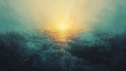 A vast, misty horizon with a glowing light at the center, surrounded by subtle waves of color, symbolizing spiritual awakening and infinite serenity.