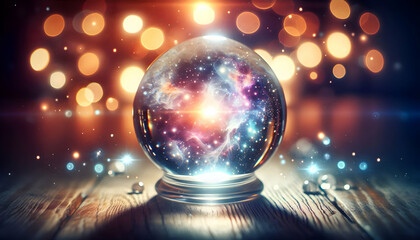 Law of attraction A crystal ball glowing with cosmic light, placed on a wooden surface with bokeh lights in the backgr3