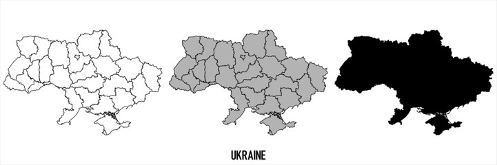 Ukraine - set of black, solid black, grey outline border map of country area. Simple flat vector illustration.