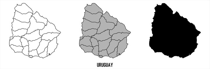 Uruguay - set of black, solid black, grey outline border map of country area. Simple flat vector illustration.