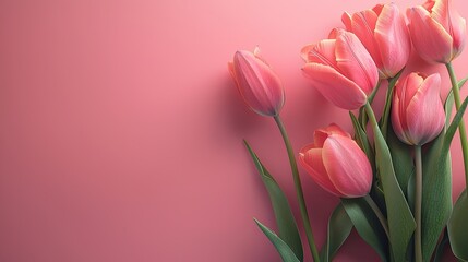 Fototapeta premium Pink background with tulips and gifts for Mother's Day, in a flat lay style, with copy space on the right side of the composition, in a pink color palette, 