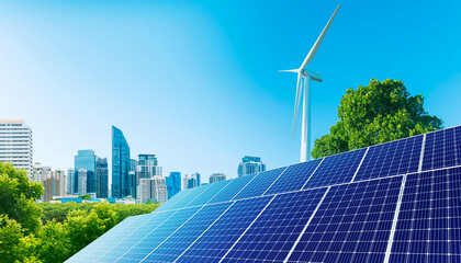 Solar panel and wind turbine farm, smart city in the background. renewable energy. sustainable and...