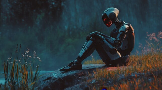 Futuristic gynoid contemplating the future of artificial intelligence