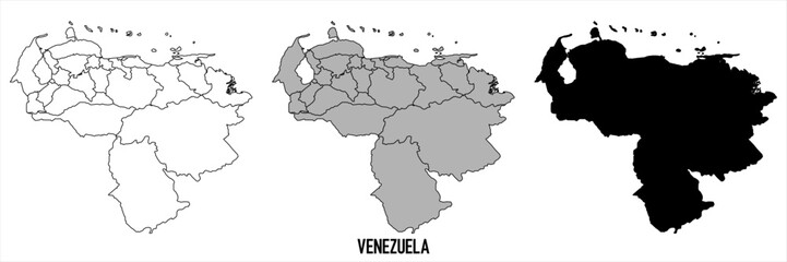 Venezuela - set of black, solid black, grey outline border map of country area. Simple flat vector illustration.