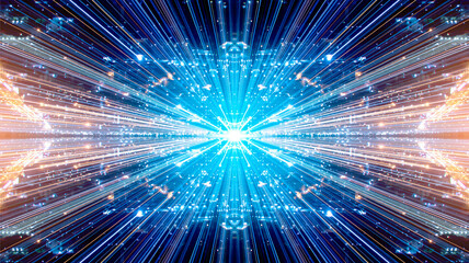 Speed ​​lines or light trails. Abstract blue lines with glowing stripes and colorful patterns. Futuristic technology or science fiction background.