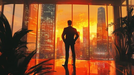 Fototapeta premium Silhouette of young caucasian male in office overlooking vibrant city sunset skyline