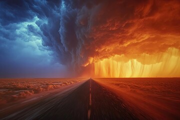 Dual storm clouds, road, desert, dramatic