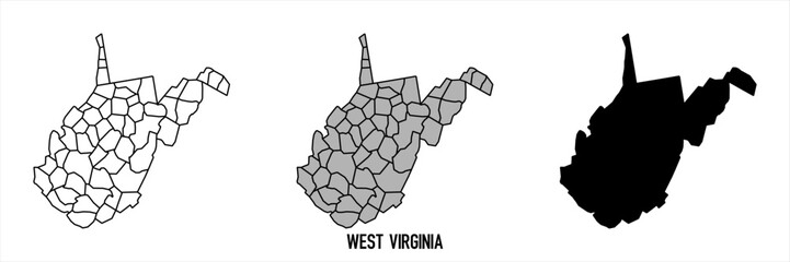 West Virginia- set of black, solid black, grey outline border map of country area. Simple flat vector illustration.